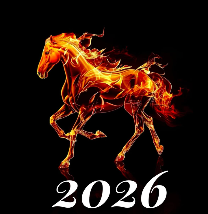 A horse made by fire gallops on a black backdrop, its hair blazing and figure contoured in red, yellow, and orange. Below are these numbers in white: 2026.